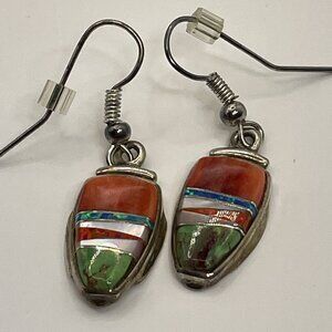 Navajo Multi Stone Inlay DANGLE Silver Earrings Lazuli